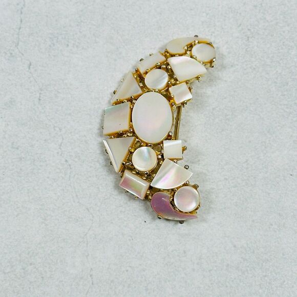 VTG Brooch Earrings Mother of Pearl Mosaic Geometric Gold Tone Unique Estate - Picture 7 of 14